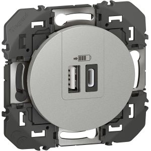 Prise Double Chargeur USB-A + USB-C 3A/15W dooxie - Conforme Directive CEE - Repiquage sur Prise 2P+T - Alu - Neuf