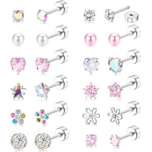 12/14paires Boucles D'oreilles Femme Acier Inoxydable Boucles D'oreilles Enfants Fille Hypoallergéniques Boucle D'oreille Fleur C?ur Étoile Cz Multicolore Vis Dos Boucles D'oreilles Ensemble.[X1347] - Neuf