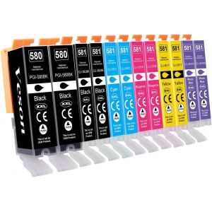 Cartouches d'encre PGI-580 XXL CLI-581 XXL Compatibles pour Canon 580 581 pb pour Pixma TS8150 TS8151 TS8152 TS8250 TS8251 TS8252 TS8350 TS8350a TS8351 TS8351a TS8352 TS9150 TS9155, Paquet de 12 - Neuf