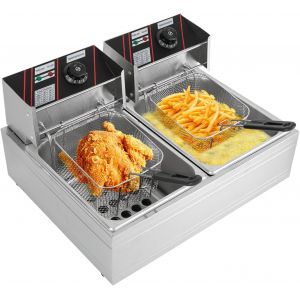 Friteuse Électrique Commerciale (6L+6L), Friteuse Électrique En Acier Inoxydable Avec Deux Réservoirs, Panier Et Couvercle Amovibles, Double Friteuse Pour Cuisine, Restaurant, Snack-Bar, 2500W - Neuf