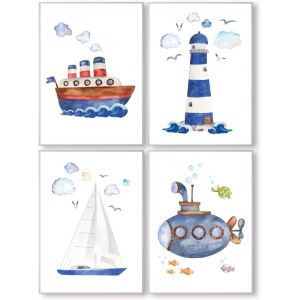 ERYI-Ahoi T18 Lot De 4 Affiches Pour Enfants Din A4 Pour Garçons Et Filles Décoration Maritime Avec Mouettes, Bateau Et Phare Bleu - Neuf