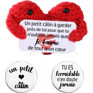 SJZG-Cadeau Amusant Coeur Positive En Fran&ccedil;ais+Jeton De C&acirc;lin Cadeau Amoureux Cadeau Inspirant Pour Homme Femme Couple Calin De Poche,Crochet Coeur,Doudou De Poche Reconfortant (Je T'Aime) - Neuf