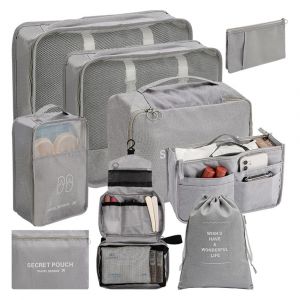 Ensemble de rangement de voyage 9 pi&egrave;ces avec sac &agrave; chaussures - Gris - Neuf
