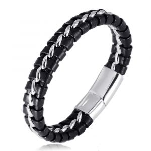 Bracelet En Cuir Véritable Pour Enfants Garçon Noir.Titane Chaîne En Argent Fermoir Magnétique 7""/18cm - Neuf