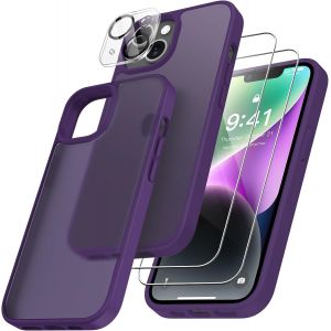 Kal-4 En 1 Coque Pour Iphone 14 Avec 2 Verre Trempé Et 1 Caméra Protecteur, [Coussin D'air Intégré] Antichoc Antirayures Bumper Protection Housse Pour Iphone 14 6.1"", Violet Foncé - Neuf