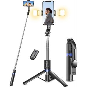 Perche &agrave; Selfie Tr&eacute;pied Am&eacute;lior&eacute; [2 Lumi&egrave;re de Remplissage]- 114 CM Tr&eacute;pied pour T&eacute;l&eacute;phone avec T&eacute;l&eacute;commande D&eacute;tachable, Compatible iPhone Samsung Smartphones - Neuf