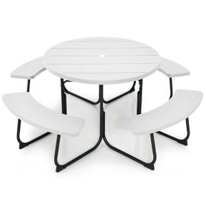 Ensemble Table De Pique-Nique Circulaire 190 X 76 Cm 8 Places Trou Pour Parasol Design Ext&eacute;rieur En Hdpe Blanc Helloshop26 20_0011983 - Neuf