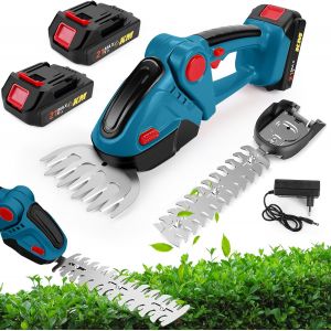 MEVRONISSHOP-24V Taille-haie Electrique sans Fil, 2 en 1 Taille Haie et Cisaille &agrave; Gazon avec 2x1500mAh Batterie, 100mm+300mm Lames et Adaptateur, Coupe Haie sans Fil pour Arbustes Jardin Gazon Pelou - Neuf