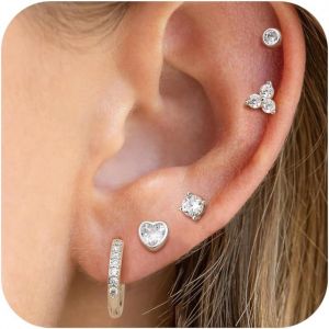 5 Paires Boucles D'oreilles Femme Argent 925 Poteau Hypoallergéniques Boucles D'oreilles Pour Femme Enfants Fille Clou D'oreilles Creoles Coeur Cartilage Boucle D'oreille Femme Ensemble.[X2476] - Neuf