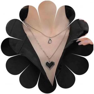 Kal-Collier Ras Du Cou En Forme De Coeur En Couches Collier Avec Pendentif En Forme De Coeur Noir Collier En Couches Argent Collier Forme Coeur Creux Bijoux Pour Femmes Et Filles - Neuf