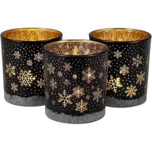 KALANKA-Lot de 3 photophores de Noël et d'hiver en verre noir, blanc, or, argent (bleu_noir_flocon de neige) - Neuf