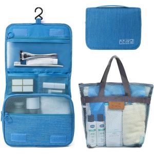 MAA-Trousse de toilette de voyage portable à suspendre pour homme et femme, 1 trousse de toilette + 1 sac fourre-tout en maille, plusieurs couleurs, bleu, Bleu, Trousse de toilette - Neuf