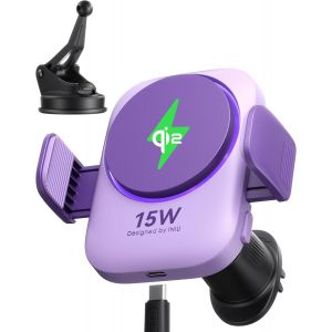 JGD-Support T&eacute;l&eacute;phone Voiture Induction 15W Mag-Safe, Certifi&eacute; Qi2 Chargeur Induction Voiture avec Ventilateur et LED, Charge Rapide, Compatible iPhone 16 Pro Max/15/14/13/12 etc, Violet - Neuf