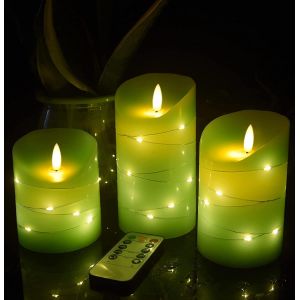 Jgd-Bougie Led Verte Sans Flamme Avec Guirlande Starlight Int&eacute;gr&eacute;e, 3 Bougies Led, T&eacute;l&eacute;commande &Agrave; 10 Touches, Minuterie 24 Heures, Flamme Dansante, Cire V&eacute;ritable, Aliment&eacute;e Par Piles. - Neuf