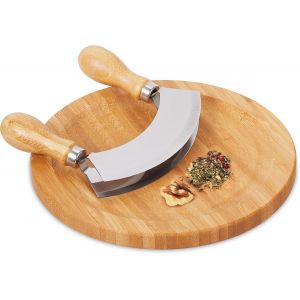 NouvelHorizonstore-Hachoir Berceuse avec Planche, Bambou & Acier Inoxydable, Double Lame, diam&egrave;tre de 20 cm, Nature - argent&eacute; - Neuf