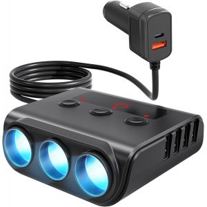 THEF-9 in 1 Allume-Cigare 12V/24V, 3 Prises Chargeur Allume-Cigare, 180W Chargeur Voiture USB-C/QC 3.0/Type-C, avec Voltmètre LED et Interrupteur pour Tablette, Phone, GPS, Dash Cam - Neuf