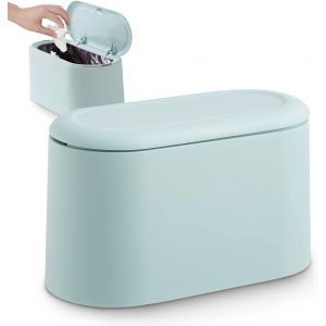 Petite Poubelle De Table Bleu Clair Avec Couvercle À Bouton-Poussoir Pour Bureau, Salle De Bain, Cuisine Et Chambre À Coucher, Rangement Des Aliments Pour Animaux - Neuf