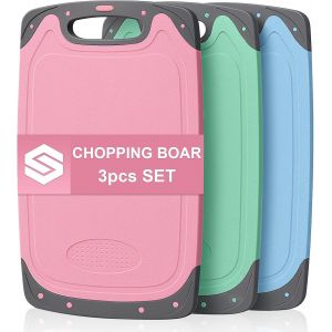 Planche A Decouper Plastique, Lot De 3 Planche &Agrave; D&eacute;couper Sans Bpa Avec Poign&eacute;e, Antid&eacute;rapante Planches &Agrave; D&eacute;couper Avec Rainure De Jus Et Presse-Ail, Pour Viande/L&eacute;gumes/Fruits (Rose + Vert + Bleu) - Neuf