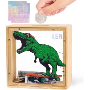 ERYI-Tirelire Dinosaur En Bois Naturel Et Acrylique Pour Enfants, Cadeau Éducatif Personnalisable Avec Autocollants, Décoration De Chambre Mignonne - Neuf