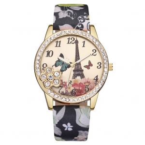 Montre A Quartz Vansvar Avec Bracelet En Cuir Synthetique Et Strass Pour Femme (Noir) - Neuf