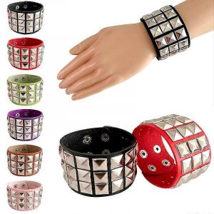 Nouveau Unique 3 Rangée Cuspidal Pointes Rivet Goujon Large Manchette Cuir Punk Gothique Rock Unisexe Bracelet Bracelet Hommes Bijoux - Neuf