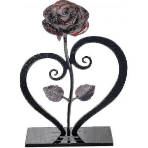 Rose En Fer Forg&eacute; Rouge, Avec Support En Forme De C?ur - Fer (Rouge) - 20 X 16 X 12,5 Cm - Neuf