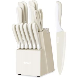 Mevronisshop-Set De 14 Couteaux De Cuisine Avec Bloc Aiguiseur, Rev&ecirc;tement Antiadh&eacute;sif &iquest; Compatibles Lave-Vaisselle, Manches Ergonomiques, Gain De Place, Id&eacute;al Pour Cadeau Ou Cuisine Moderne (Cr&egrave;me) - Neuf