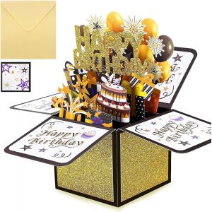 Mevronisshop-Carte D&iquest;Anniversaire, Carte D&iquest;Anniversaire 3d Pop-Up Happy Birthday, Carte Pliable Faite Main Avec Enveloppe, Cadeau D&iquest;Anniversaire Pour &Eacute;pouse, Petite Amie, Hommes & Amis &iquest; Or Noir 18 X - Neuf