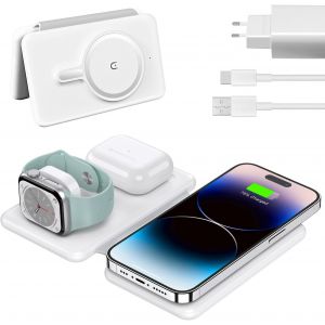 JGD-Chargeur &agrave; Induction pour iPhone, Chargeur sans Fil Apple 3-en-1 &agrave; Induction, Station de Charge Pliable pour iPhone 17/16/15/14/13/12 Pro Max/Plus, Apple Watch, AirPods 4/3/2/Pro - Neuf