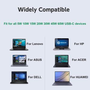 65W USB Type-C Power AC Adapter Chargeur Adaptateur Alimentation Ordinateur Portable pour Lenovo Yoga 910 920 80VF 80VG, Thinkpad E480 E580 T480 T580, HP Spectre 13 X2, Dell XPS 13 9350 9560 - Neuf