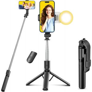 Perche À Selfie Avec Lumière D'appoint,Trépied Smartphone,125cm Extensible Selfie Stick Trépied De Téléphone Avec Télécommande Détachable Et Trépied Stable,Compatible Avec Iphone/Samsung/Huawei - Neuf