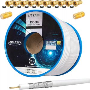 Lot de 25 m de c&acirc;ble satellite coaxial 135 dB blanc + 10 fiches F et 2 connecteurs F plaqu&eacute;s or|CCS (acier cuivre) C&acirc;ble d'antenne satellite blind&eacute; 5 fois pour installations DVB-S/S2 - Neuf
