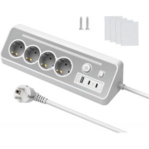 Multiprise 4 prises,avec interrupteur,USB et veilleuse LED,en acier inoxydable,avec façade en acier inoxydable,protection contre les surtensions pour la cuisine (1,5 m).[F58] - Neuf