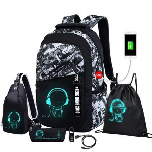 Ensemble Sac &agrave; Dos Lumineux Gar&ccedil;on &ndash; USB Recharge, 5 Pi&egrave;ces, Grande Capacit&eacute;, Antivol, Id&eacute;al Coll&egrave;ge/Lyc&eacute;e, Style Graphique - Neuf