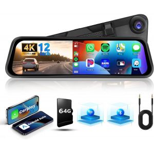 Dashcam Rearview Mirror with 4K 12 Inch Touch Screen Rear View Mirror Dash Cam for Car with Wireless Carplay Android Auto Bluetooth, G-Sensor Loop Recording Camera FM AUX Card - Neuf