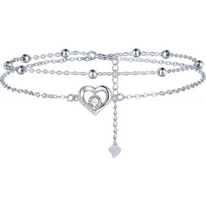 Coeur Bracelet De Cheville Pour Femme Argent Sterling 925 Double Chaînes Avec Boules Été Pieds Nus Plage Chaînes De Cheville Avec Zircones, Réglable 22+4cm - Neuf