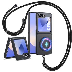 STORE-Coque Magnétique Avec Cordon Compatible Avec Samsung Galaxy Z Flip 6,Compatible Avec Magsafe,Etui Translucide Mat Arrière,Housse Téléphone Antichoc Avec Collier Lanière Réglable Téléphone,Noir - Neuf