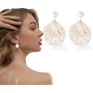 Senior-Bijoux Sirène, Clous D'oreilles Perle Coquille Saint-Jacques, Boucles D'oreilles Rétro Boho, Bijoux Sirène, Boucles D'oreilles Coquillage Nacre Blanche Pour Femmes Et Filles[L996] - Neuf