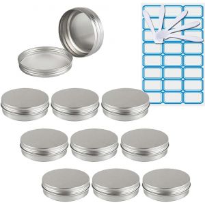 10 Pièces 50ml Pots En Aluminium Vide Rond Argent Petit Cosmétiques Pot Conteneurs For Fait Main Bougies Crème Baume Voyage, 5x Spatule, 1x Étiquettes - Neuf