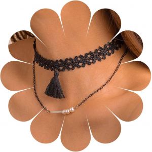 Kal-Collier Choker En Dentelle Noire Chaîne Courte Tassel Charme Collier Couches Perles Clavicule Chaîne Dentelle Tatouage Choker Collier Bijoux Pour Femmes Adolescentes - Neuf