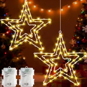 Etoile Lumineuse Noël 2 Pièces Lumière De Fenêtre De Noël À Piles Avec Minuterie, 3 En 1 Guirlandes Lumineuses Fenêtre Etoile Noel Pour Intérieure Extérieur Decoration - Neuf