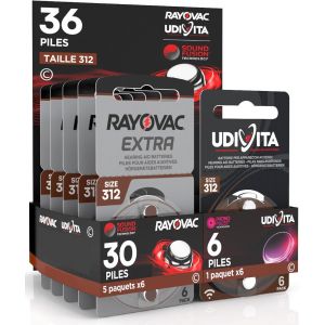 36 Piles pour appareils acoustiques Rayovac Extra Advanced 312. 36 Piles: 30 Rayovac + 6 - Neuf
