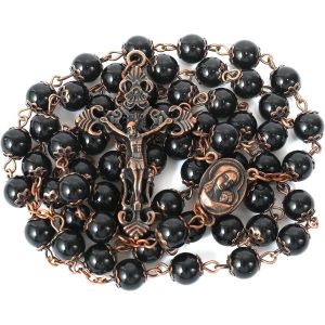 Trahoo-Store Collier Chapelet En Perles De Pierre Naturelle, Motif En Cuivre Antique, Médaille Et Croix Du Sol Sacré Dans Un Sac En Velours - Collection Terra Santa Jerusalem - Neuf