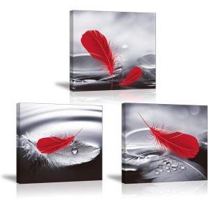 Tableau En Toile,Plumes Rouges Image,Moderne Tableau Decoration Murale,Impression Sur Toile Decoration Murale De Salle De Bain Pour Cadeau D'anniversaire 30x30cm,Lot De 3 - Neuf
