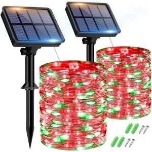 Lot de 2 Guirlande Solaire Exterieur, 15+2m 150LED Guirlande Lumineuse Exterieure &Eacute;tanche 8 Modes, Guirlande Ext&eacute;rieure Solaire D&eacute;coration pour Jardin Terrasse Cour No&euml;l Mariage Rouge + Vert - Neuf