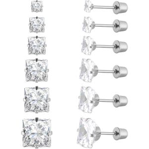 Tianyi-Lot De 6 Paires De Clous D'oreilles En Acier Inoxydable Chirurgical Avec Vis Arri&egrave;re Plaqu&eacute; Or 18 Carats En Forme De Coeur, &Eacute;toile, Carr&eacute;, Coupe Princesse, Rondes, Zircons Cubiques Blancs, Pour - Neuf