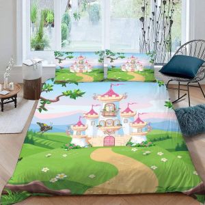 Parure De Lit Pour Enfant X Cm Dessin Anim&eacute; Fille Housse De Couette Rose Chateau Parure De Lit En Microfibre Ensemble De Literie + Taies D'ore - Neuf