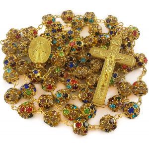 Kal-Store Collier De Perles Color&eacute;es En Cristal Et Zircon, Chapelet Dor&eacute;, Catholique, Avec Croix, M&eacute;daille Miraculeuse - Neuf