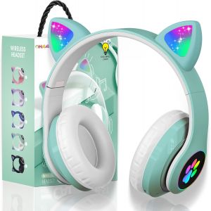ERYI-Casque Bluetooth Pour Enfants Sans Fil,Casque Cat Pliable Avec Led Flash Lumières Glow, Enfants Bluetooth 5.0 Avec Microphone Et Contrôle Du Volume, Carte Slot Pour Pc/Tablettes/Tv (Green) - Neuf