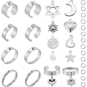 8 Set 36pcs Argent Bagues Breloque Ensemble Acier Inoxydable Lune Et Étoile Punk Métal Coeur Doigt Charme Composants De Bague Réglables Pour Kit De Fabrication De Bijoux Femme Knuckle Anneau - Neuf